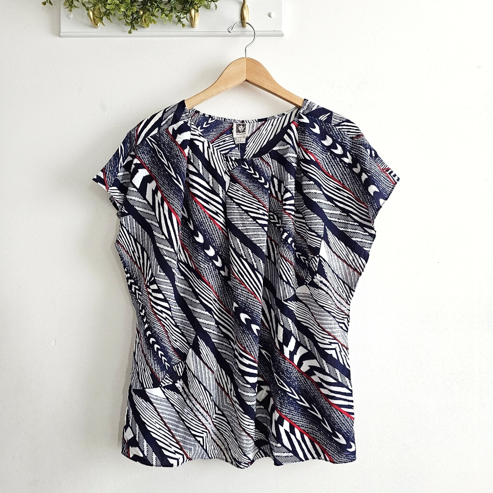 Anne Klein Marine Abstract Print Multicolor Blouse Navy White Red – NWT – Size L